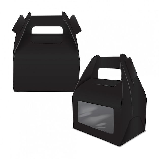 Download Set of realistic paper cake package, black box , gift ontainer with handle and window. take away ...