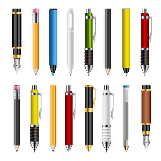 Premium Vector | Set of realistic pens and pencils isolated on white