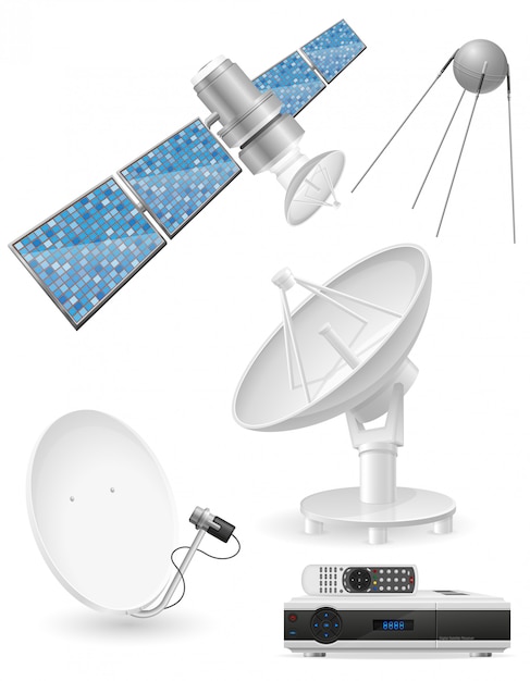 Set of realistic satellite broadcasting vector illustration Premium Vector