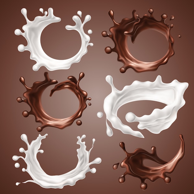 Set of realistic splashes and drops of milk and melted chocolate. Premium Vector