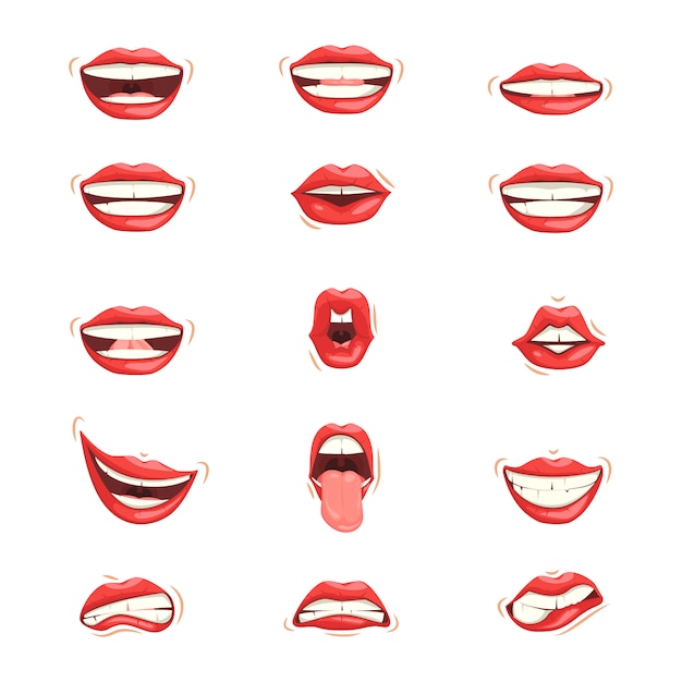 Set of red female lips with different emotional expressions. Premium Vector