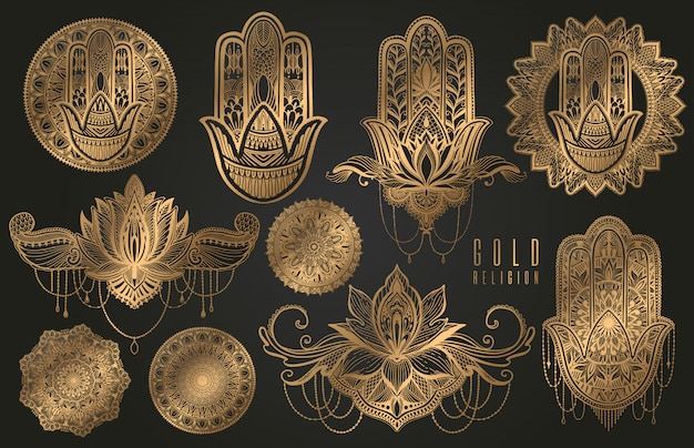 Download Set religion buddhism boho sign gold.hamsa,mandala,lotus ...