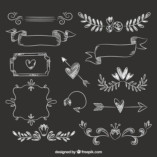 Set of ribbons, frames and arrows in blackboard style Free Vector