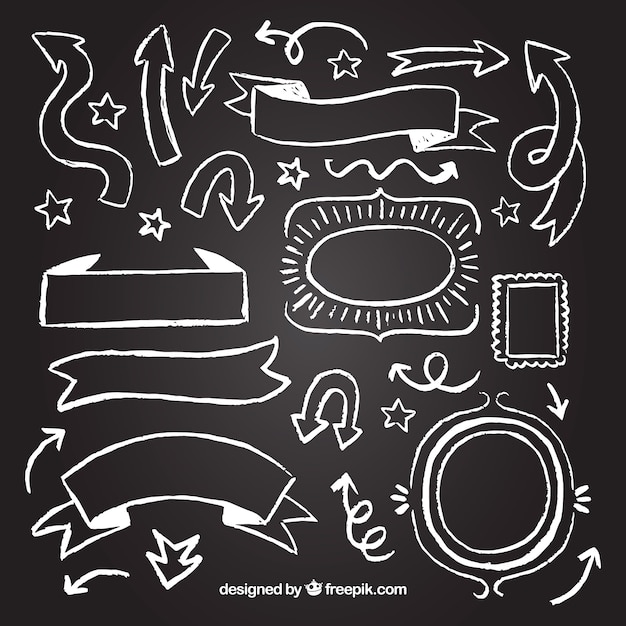 Set of ribbons, frames and arrows in blackboard style Free Vector