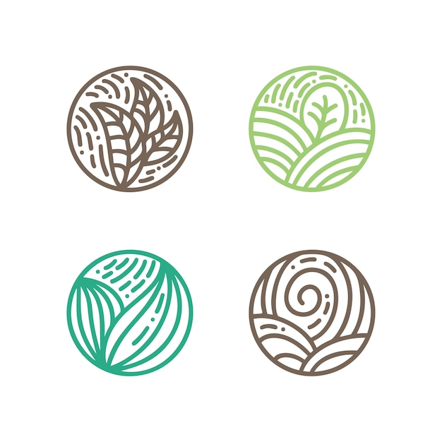 Set of round bio emblems in a circle linear style. Premium Vector