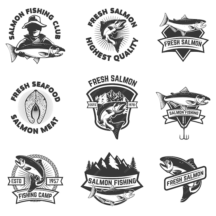 Premium Vector | Set of salmon fishing emblems. seafood. elements for ...