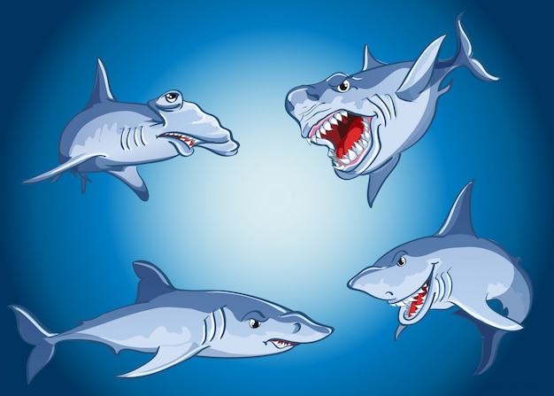 Premium Vector | Set of scary sharks in cartoon style