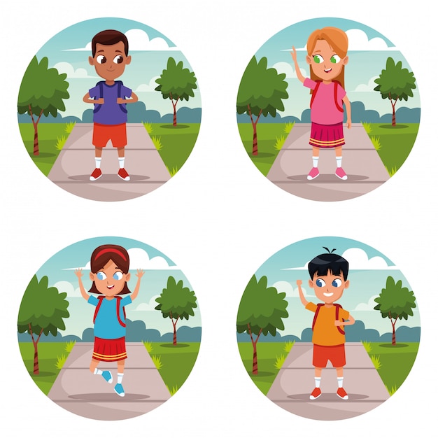 Set of school kids backpack cartoon Free Vector