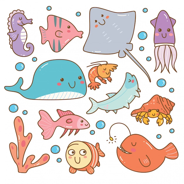 Premium Vector | Set of sea animal kawaii set