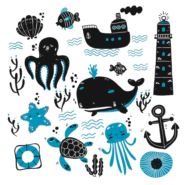 Premium Vector | Set of sea creatures and marine sketches