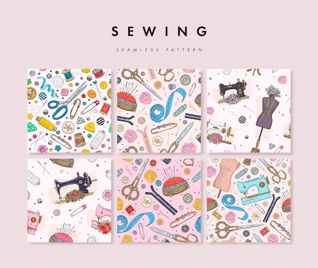 Set of seamless pattern with hand drawn sewing elements Premium Vector