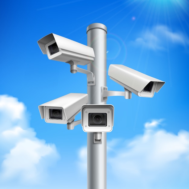 Free Vector Set Of Security Cameras On Pillar Realistic Composition On Blue Sky With Clouds