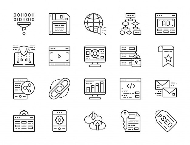 Set of seo and marketing line icons. hosting, bookmark, hyperlink and more. Premium Vector