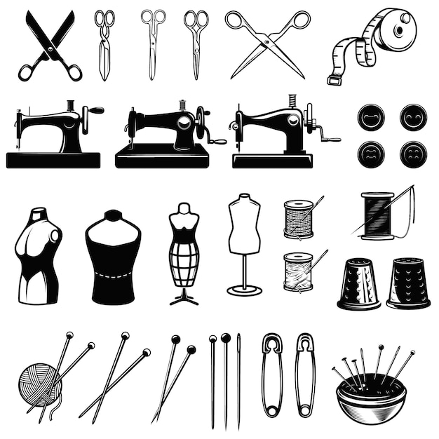 Premium Vector | Set of sewing elements. sew machines, scissors ...