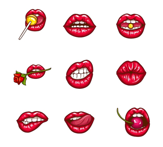 Set of sexy female lips in red glossy lipstick Vector | Premium Download