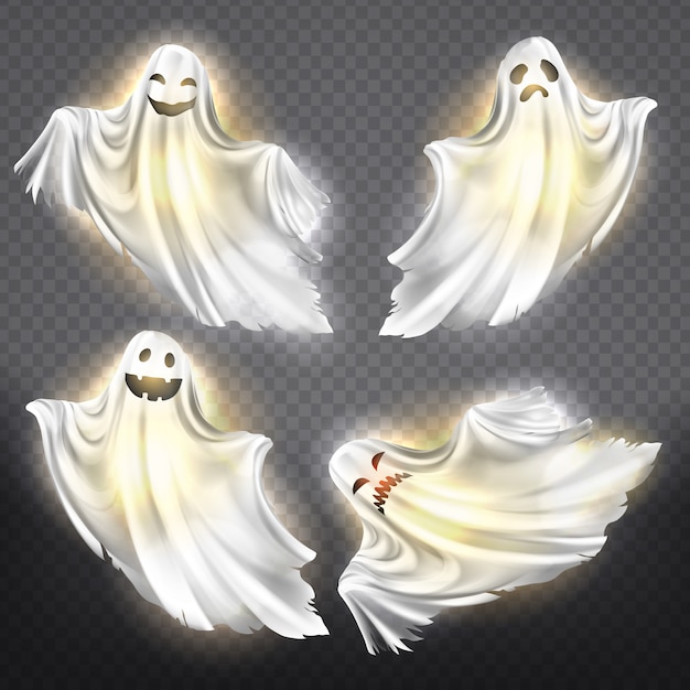 Set of shining ghosts - happy, sad or angry, smiling white phantom silhouettes Free Vector