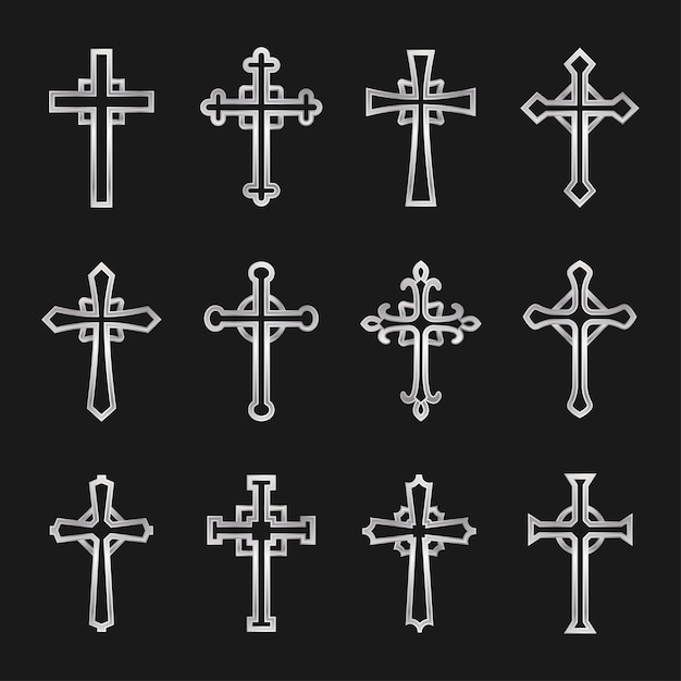 Premium Vector | Set of silver christian cross symbol