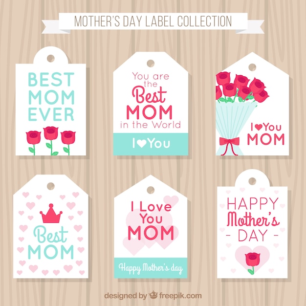 Free Vector | Set of six mother's day labels with flowers and hearts