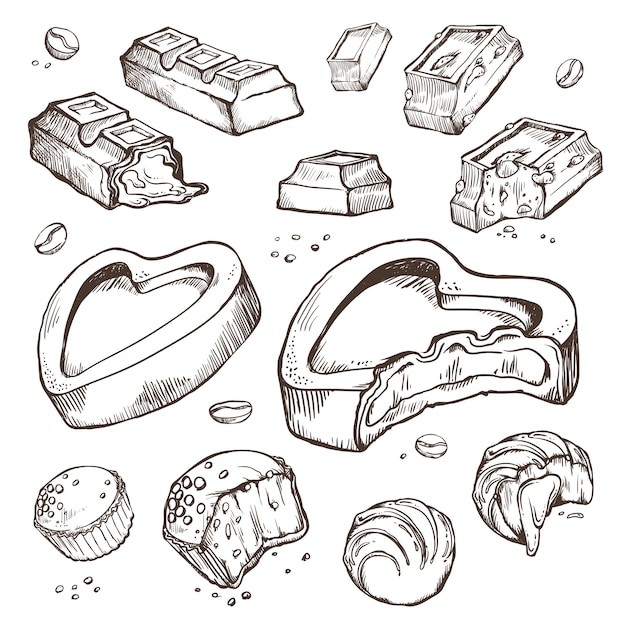 Premium Vector | Set of sketches bitten chocolates. sweet rolls, bars ...