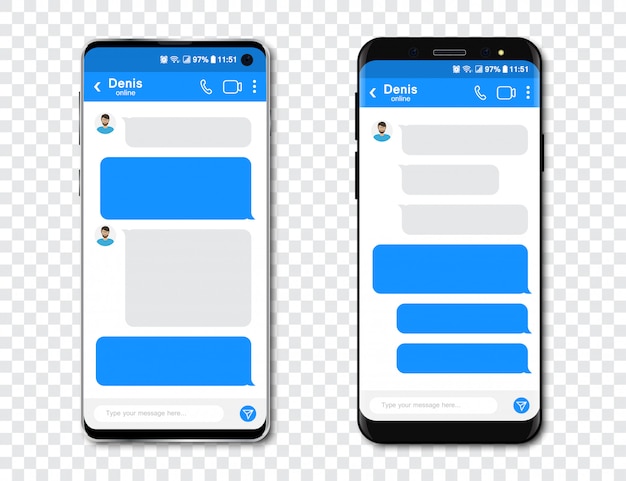 Premium Vector Set Of Smartphones With Blank Chat Messenger Template With Message Bubbles In Smartphone