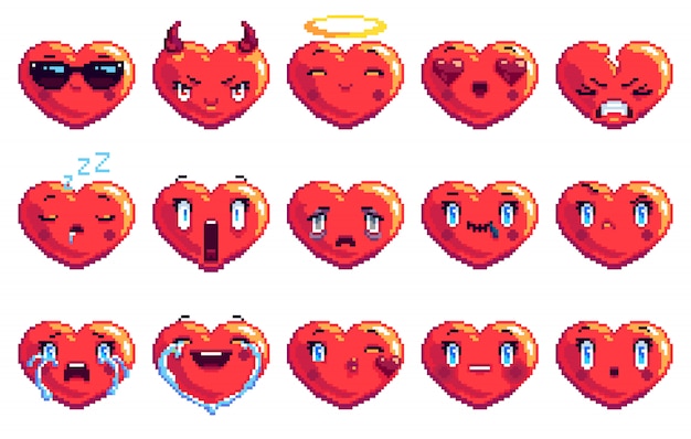 Premium Vector Set Of Special Heart Shaped Pixel Art Emoji In Red Color