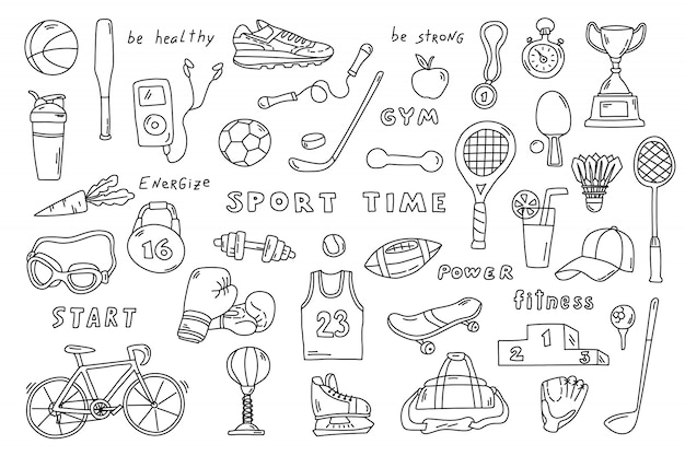 Set of sport elements in doodle black and white style. | Premium Vector