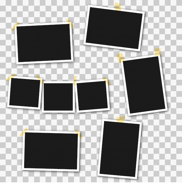 Set of square photo frames on sticky tape, pins Premium Vector