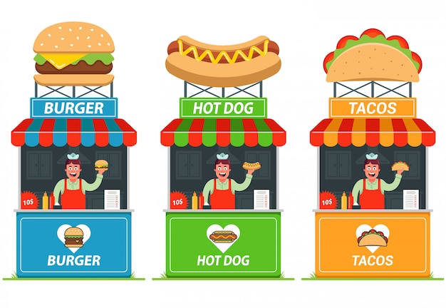 Set Of Stalls With Fast Food Cheerful Seller At The Kiosk Flat Illustration Premium Vector