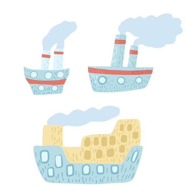 白い背景にかわいい蒸気船を設定します 落書きスタイルの蒸気と漫画のような青い船 プレミアムベクター