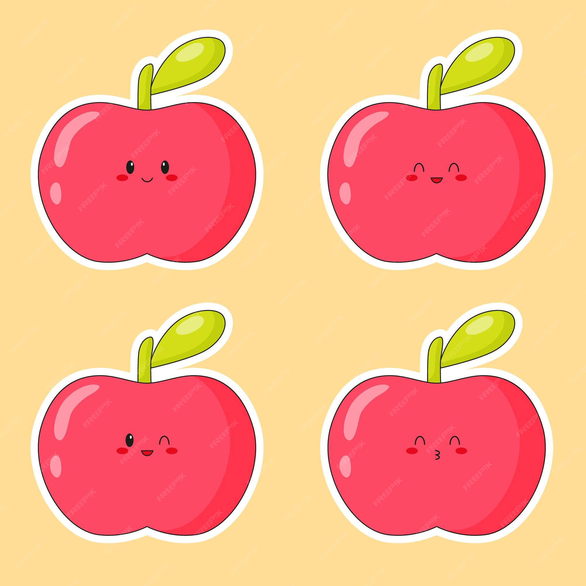 Premium Vector | Set of stickers of cute kawaii red apple. emoji with ...