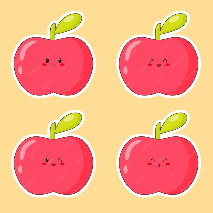 Premium Vector | Set of stickers of cute kawaii red apple. emoji with ...