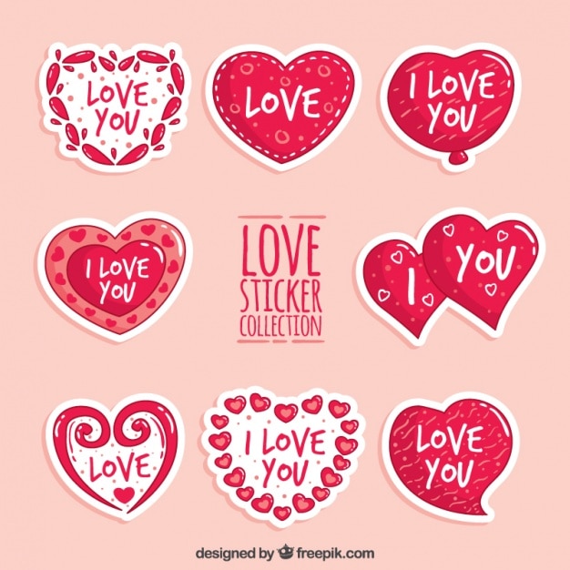 Free Vector | Set of stickers of hearts with love messages