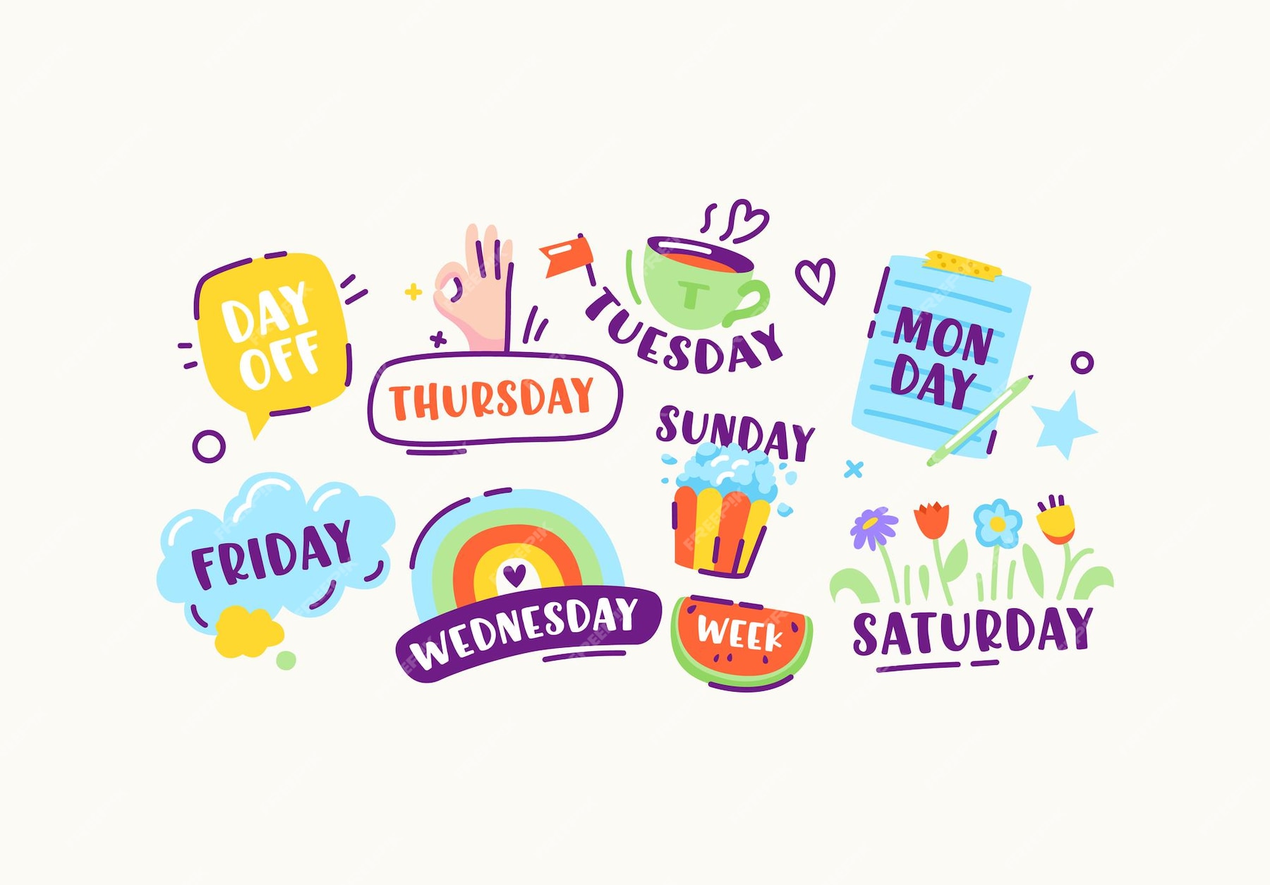 Premium Vector Set Of Stickers Or Icons Of Week Days Sunday Monday Tuesday And Wednesday 