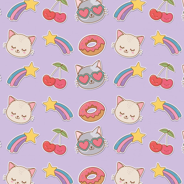 Set of stickers kawaii seamless pattern | Premium Vector