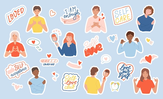 Premium Vector | Set of stickers with people, motivational phrases and