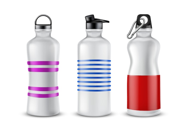 Set of striped plastic bottles with lids for drinks, isolated on background. Free Vector
