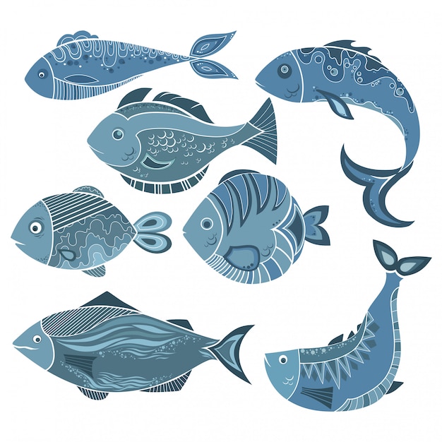 Download Set of stylized fish. a collection of cartoon fish ...