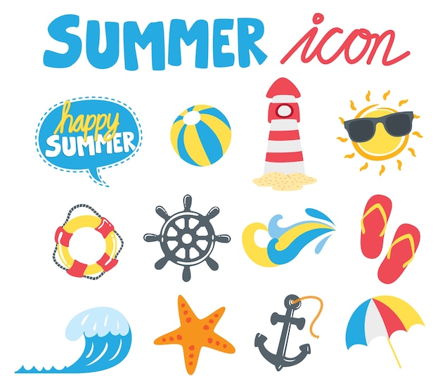 Download Set of summer icon in doodle style | Premium Vector