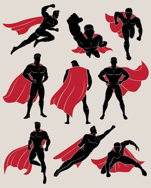 Set Of Superhero In 9 Different Poses Premium Vector