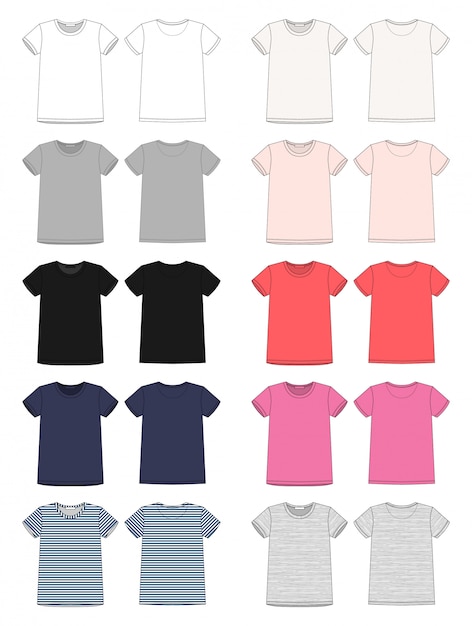 Download Set of technical sketch unisex t-shirt template. front and ...