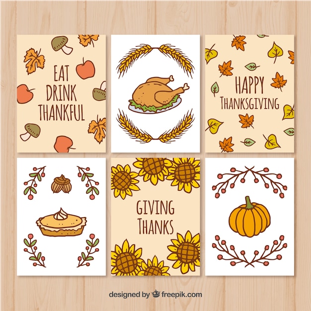 Set of thanksgiving cards with drawings Vector Free Download