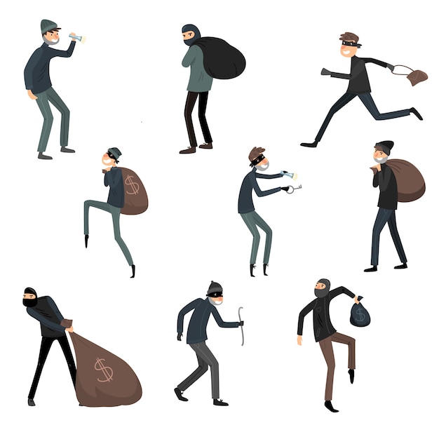 Premium Vector | Set of thieves in masks and black suits in different