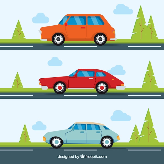 Set of three cars on the road Vector Free Download