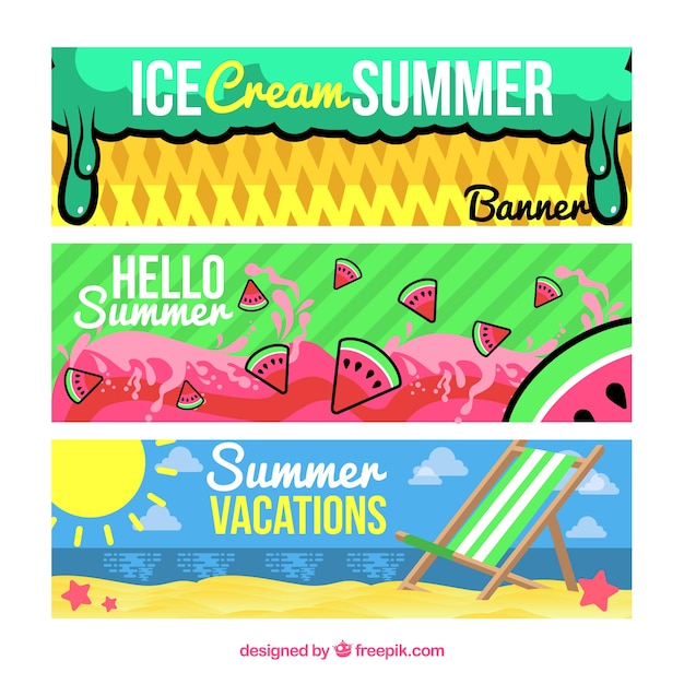 Set Of Three Colored Summer Banners In Flat Design Free Vector 