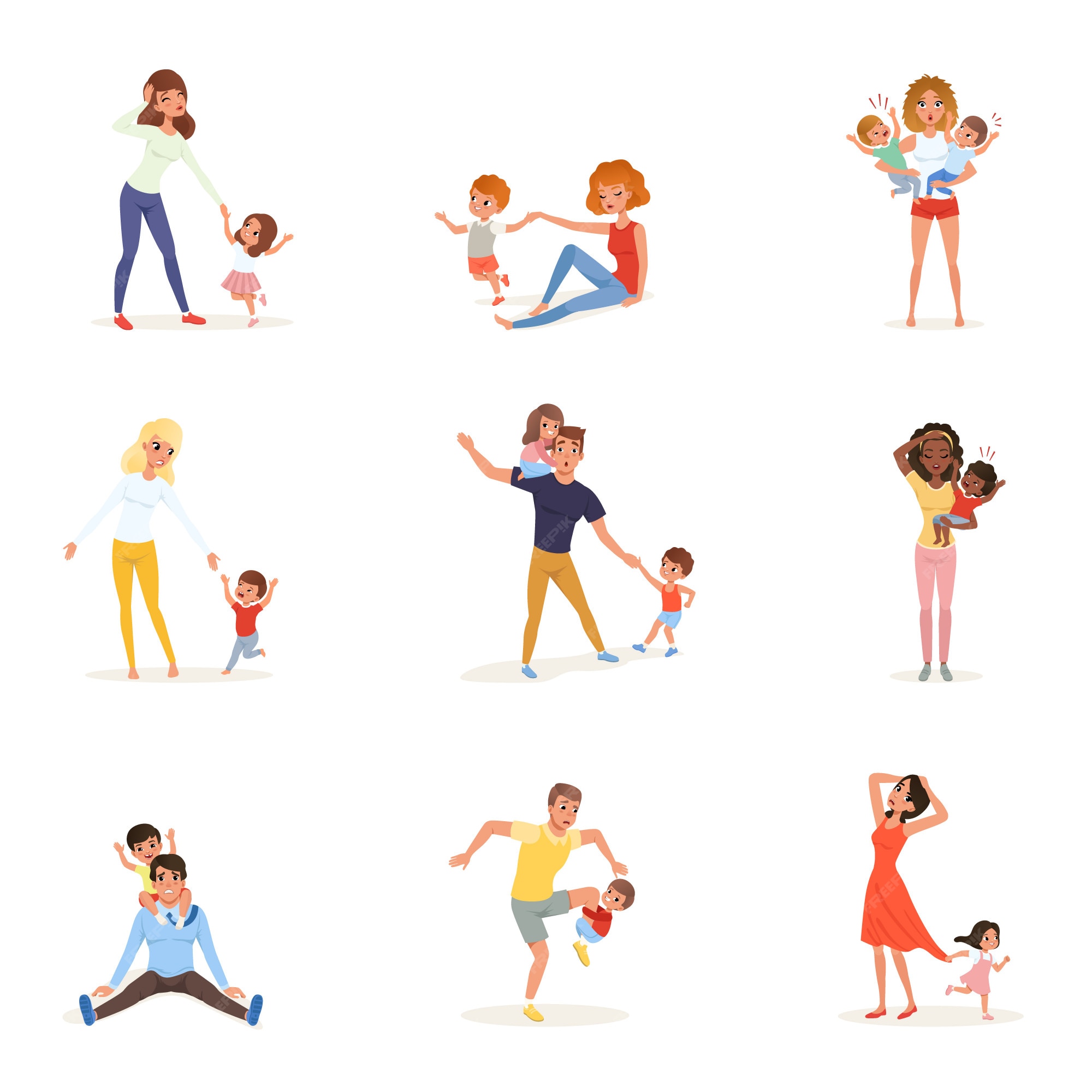 Premium Vector | Set of tired parents with children. exhausted moms and ...