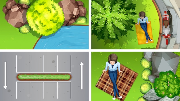 Set of top view aerial scenes or background in nature and outdoors Free Vector