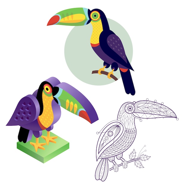 Set toucan image in different styles. Premium Vector