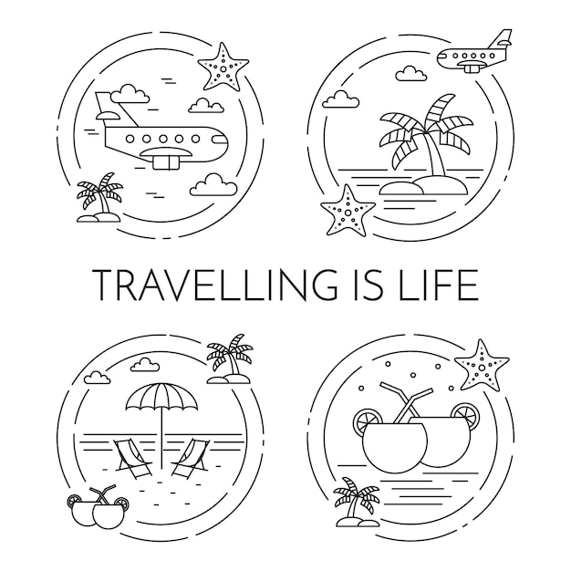 Set of traveling horizontal banners with palm on island, airplane, cocktails, beach in circles. Premium Vector