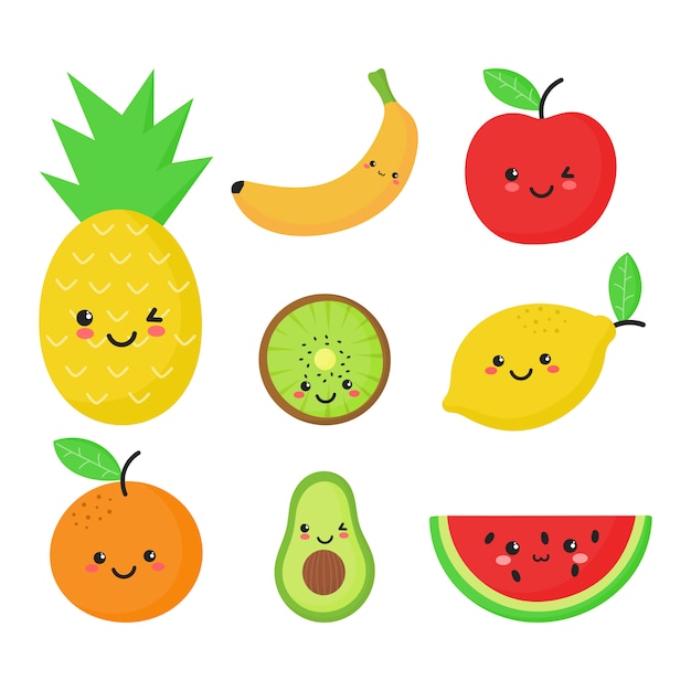 Premium Vector | Set of tropical fruit in kawaii style