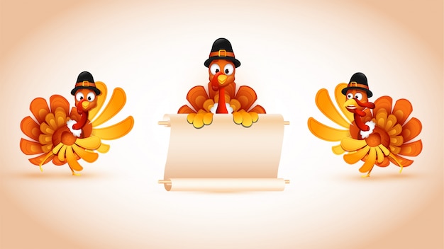 Set of turkey bird wearing pilgrim hat with blank scroll paper given for your message. Premium Vector